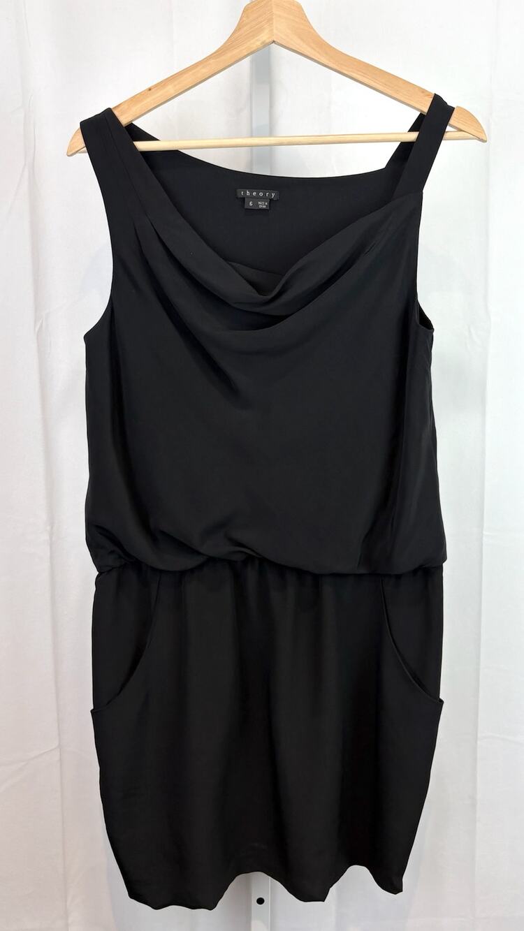 THEORY Size 6 Jaylyn Rove Silk Dress Asymmetric Sleeveless Blouson LBD Black